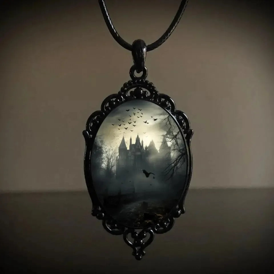 Gothic Castle Cameo Necklace | Crow & Bat | Rope Chain