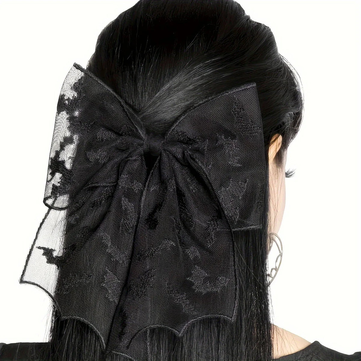 Gothic Hair Bow | Black Mesh Tails
