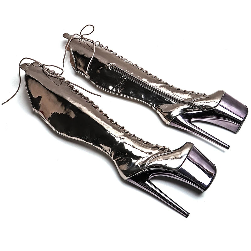 8-Inch Electroplated Thigh-High Boots - Lace-Up Dance Boots