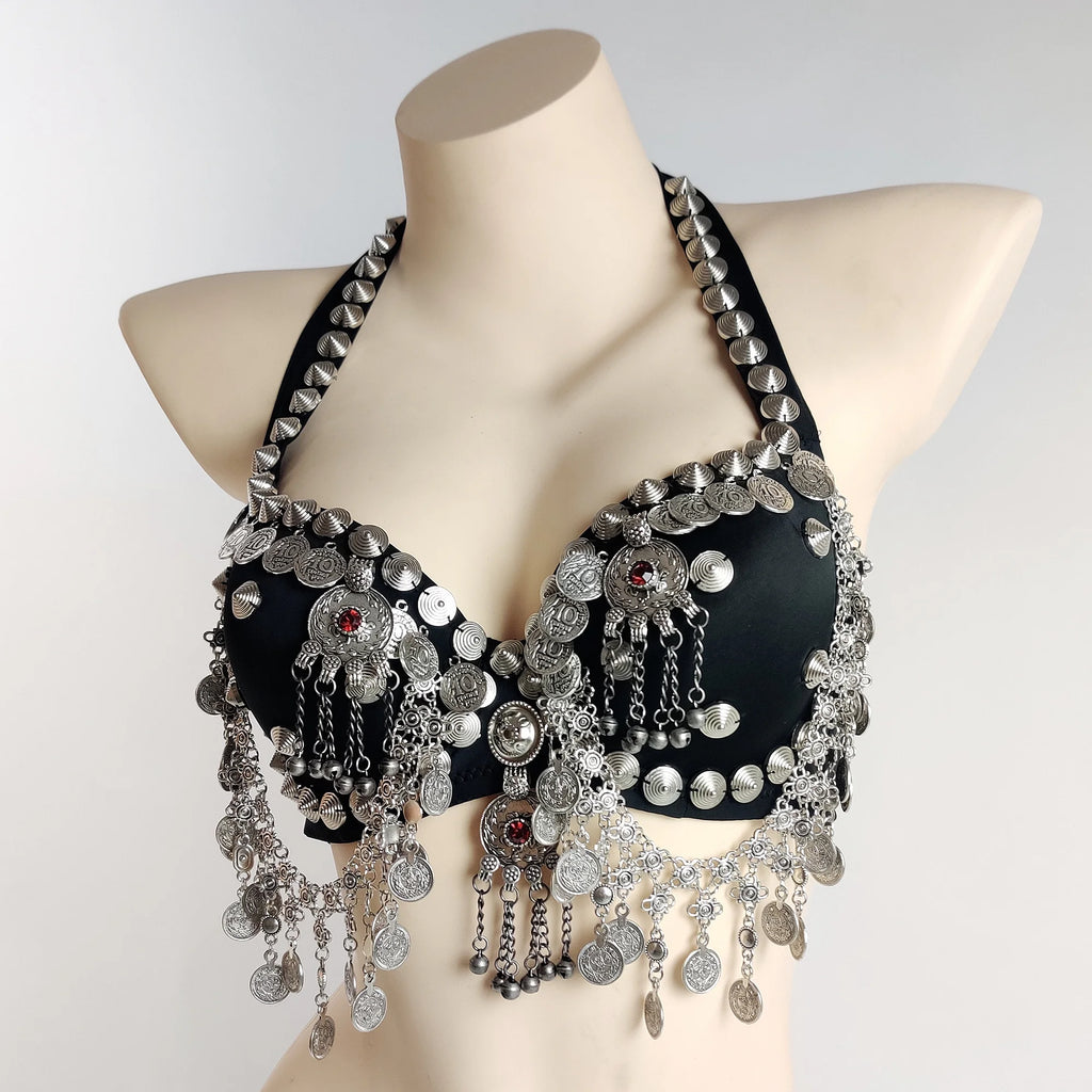Tribal Belly Dance Coin Bra - Metallic Studs & Chain Drape Top