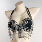 Tribal Belly Dance Coin Bra - Metallic Studs & Chain Drape Top