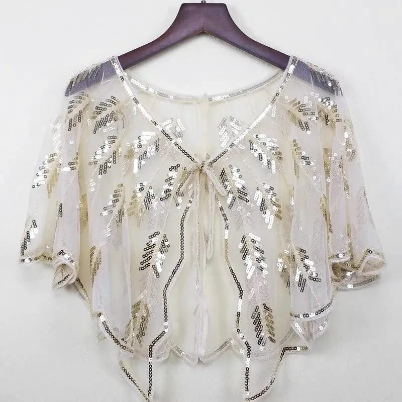 1920s Sequin Leaf Cape | Sheer Mesh Bolero | Flapper Shawl
