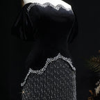 Black Beaded Crystal Gown | Off-Shoulder Slit | Fringe Detail