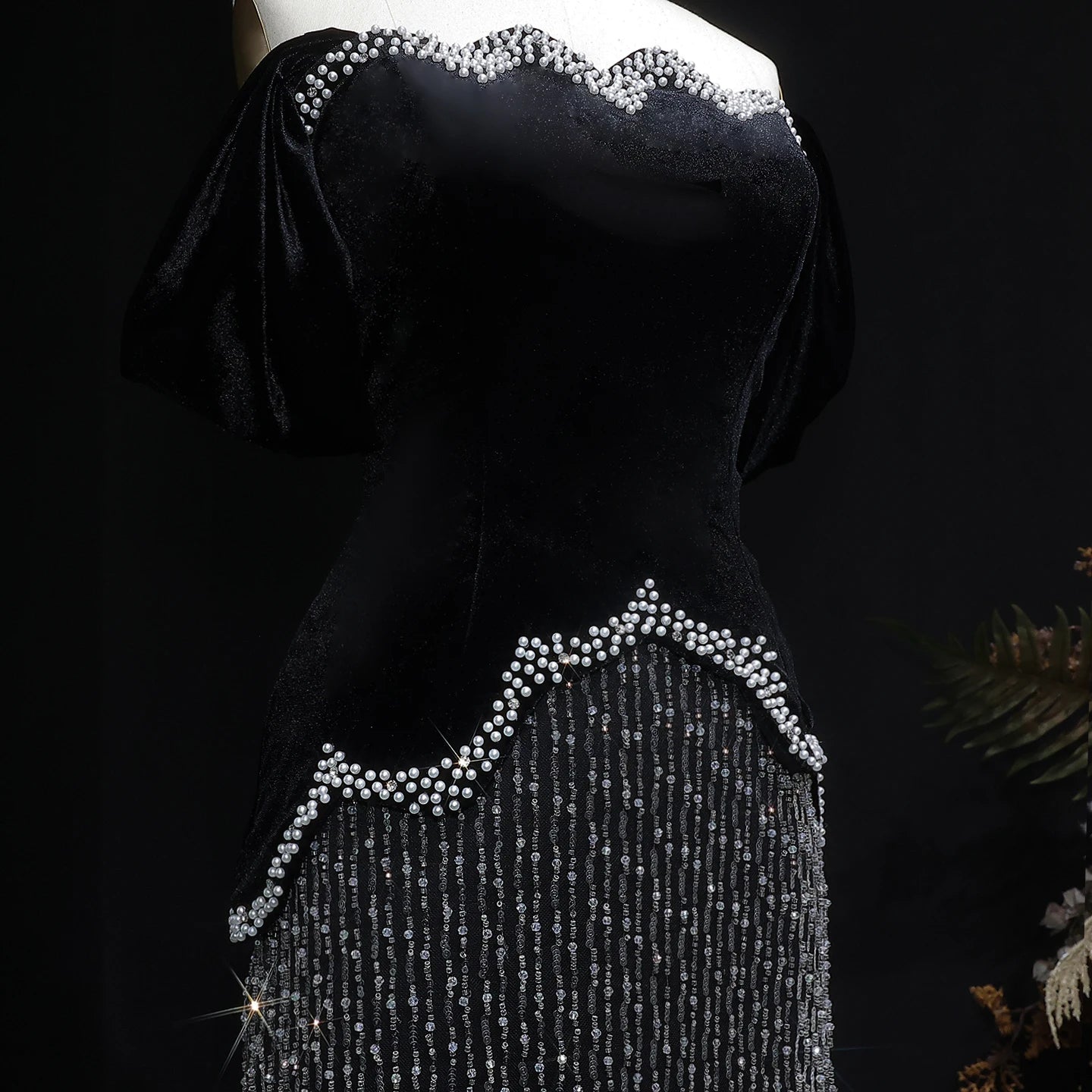 Black Beaded Crystal Gown | Off-Shoulder Slit | Fringe Detail