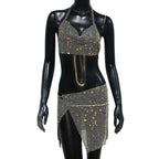 Rhinestone 2-Piece Set - Backless Crop Top & Split Mini Skirt