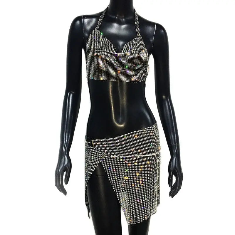 Rhinestone 2-Piece Set - Backless Crop Top & Split Mini Skirt