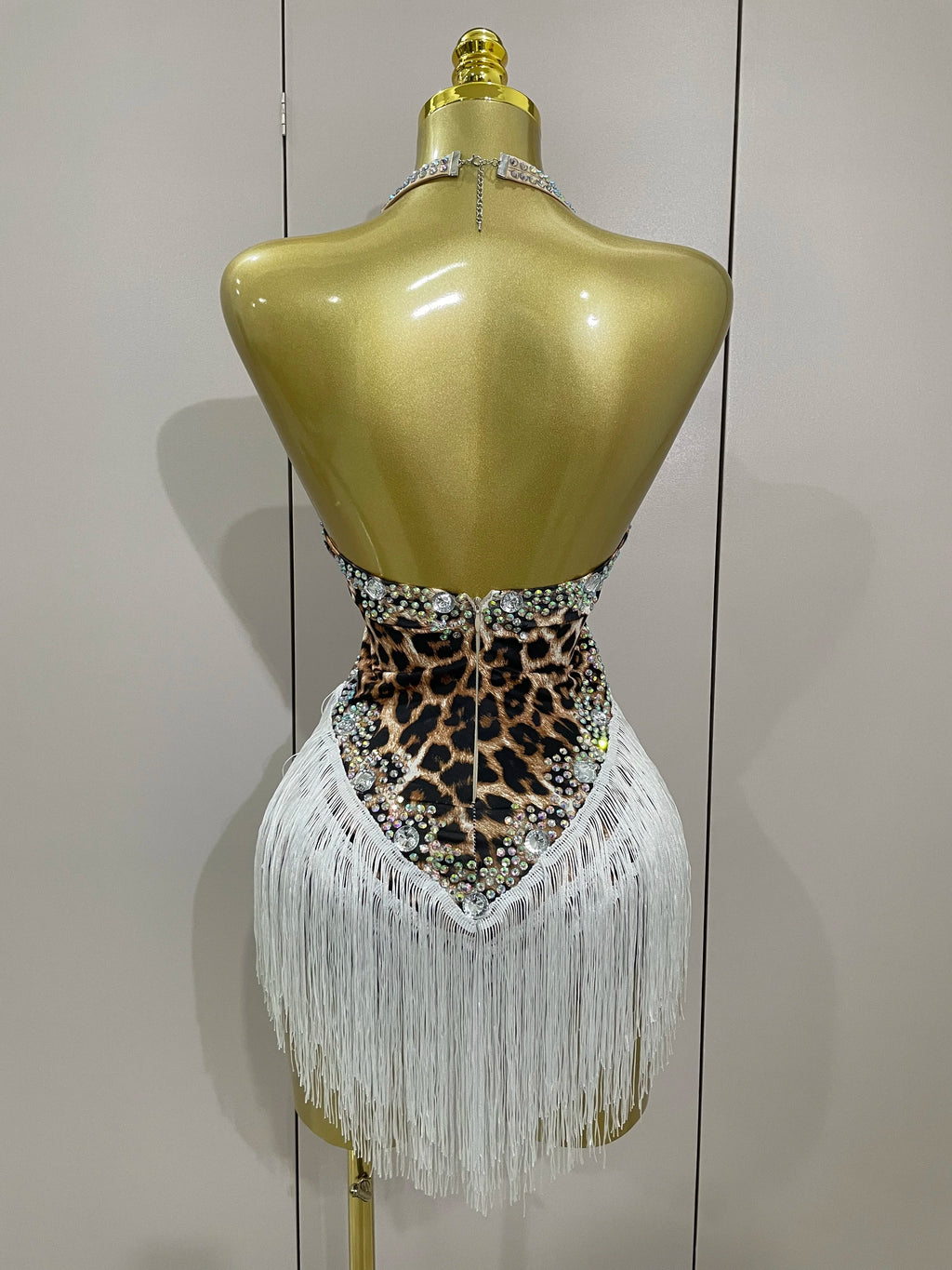 Leopard Print Rhinestone Tassel Bodysuit | Halter | S–XL
