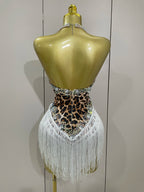 Leopard Print Rhinestone Tassel Bodysuit | Halter | S–XL