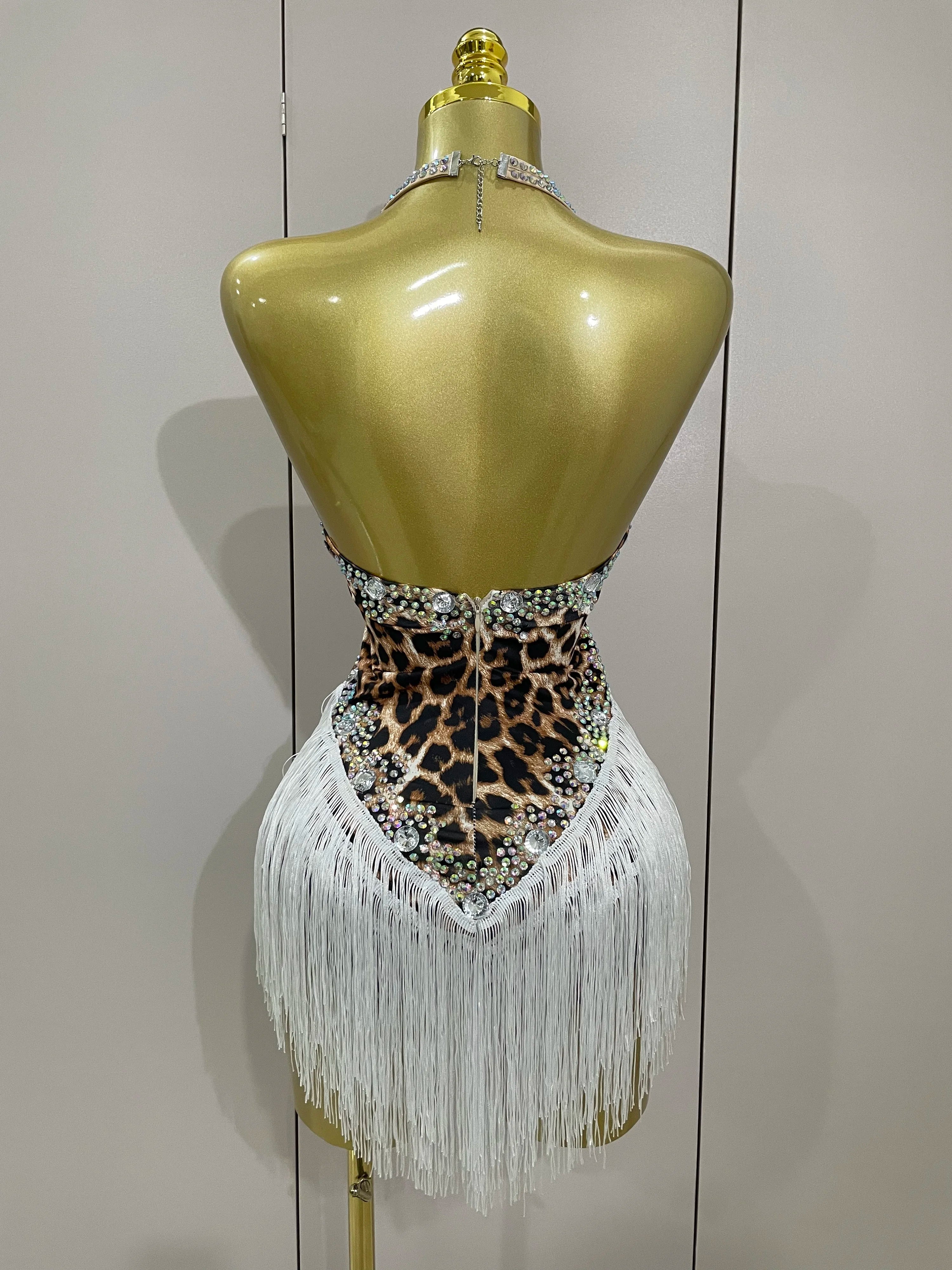 Leopard Print Rhinestone Tassel Bodysuit | Halter | S–XL