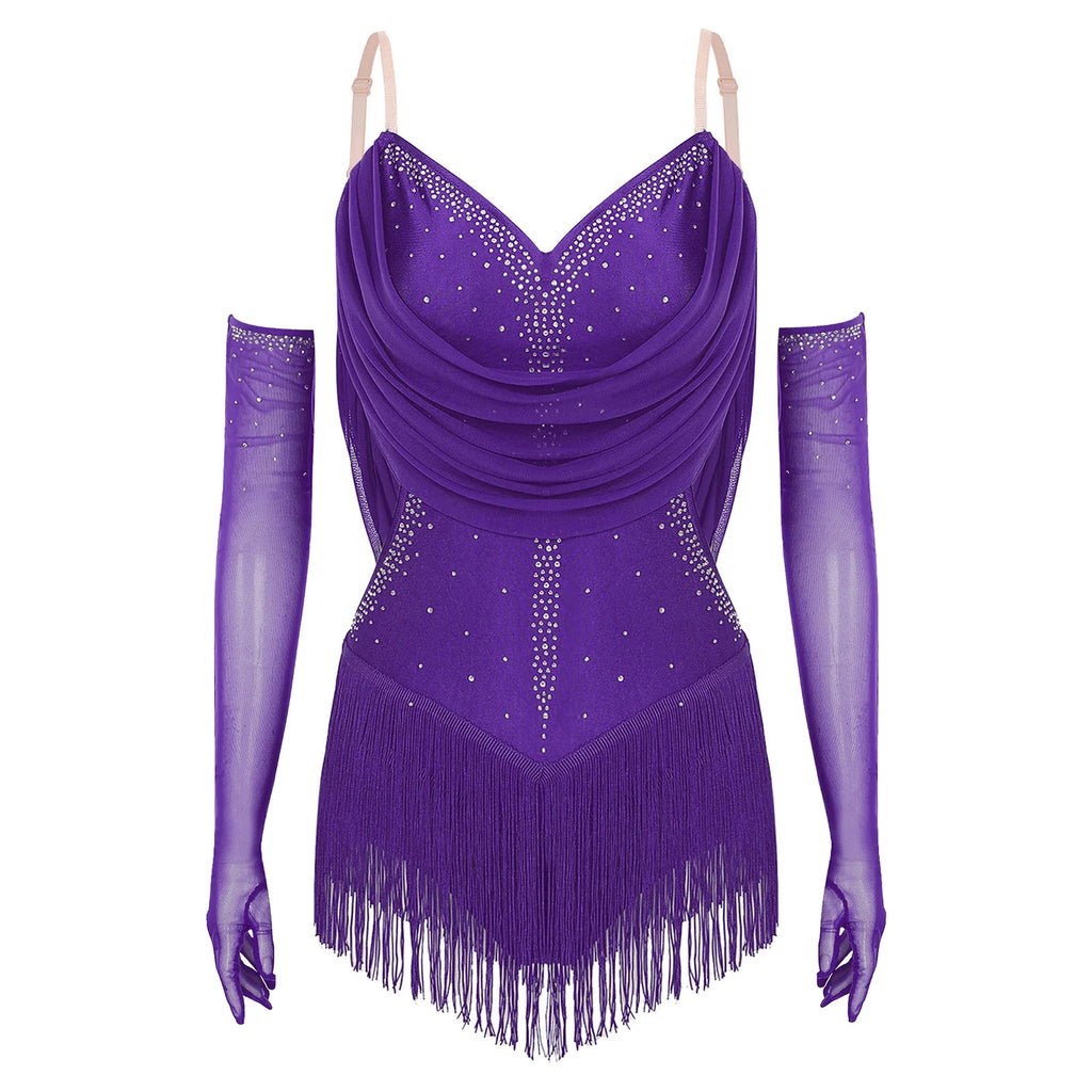 Women's Latin Dance Bodysuit | Fringe & Rhinestone | With Gloves