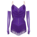 Women's Latin Dance Bodysuit | Fringe & Rhinestone | With Gloves
