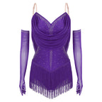 Women's Latin Dance Bodysuit | Fringe & Rhinestone | With Gloves