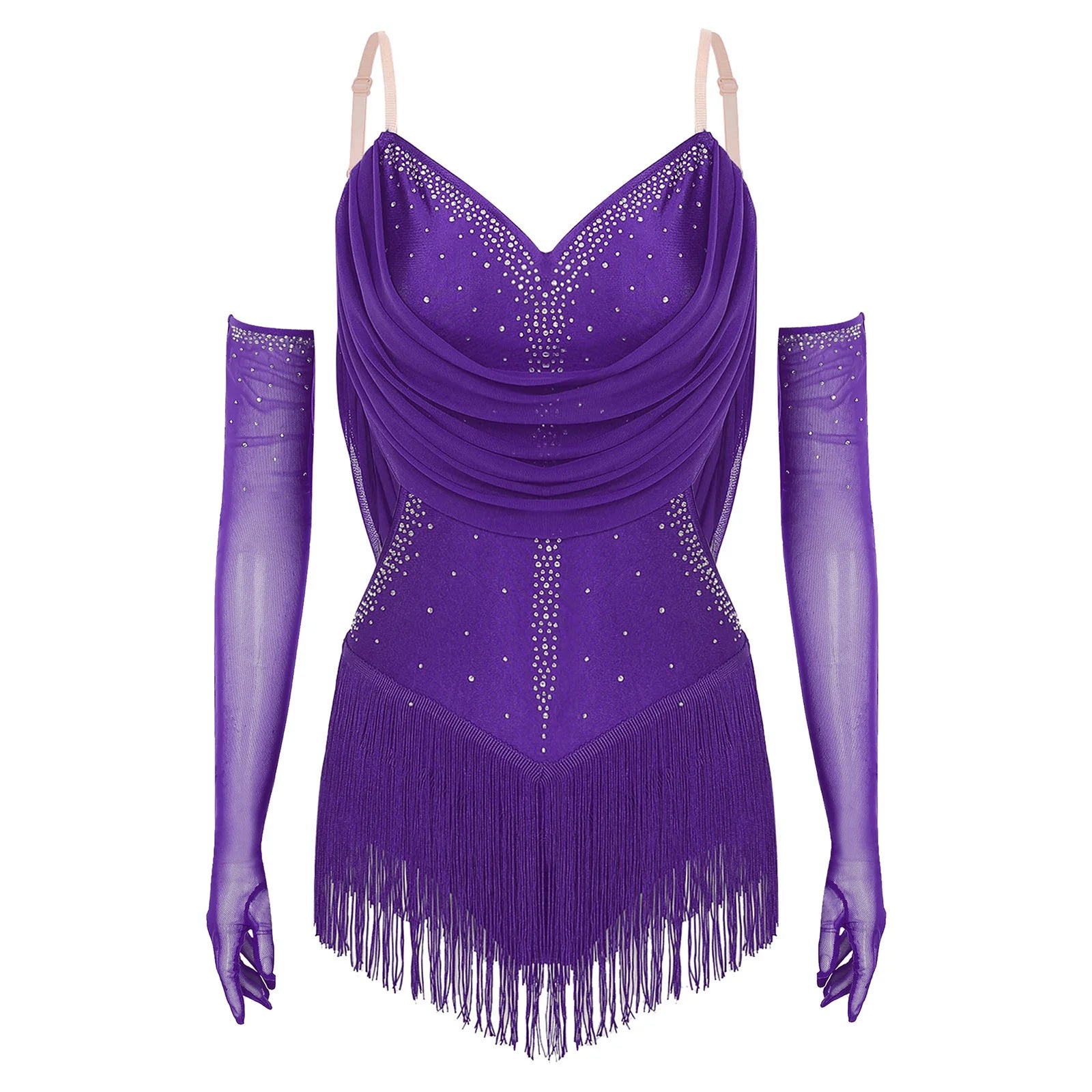 Women's Latin Dance Bodysuit | Fringe & Rhinestone | With Gloves