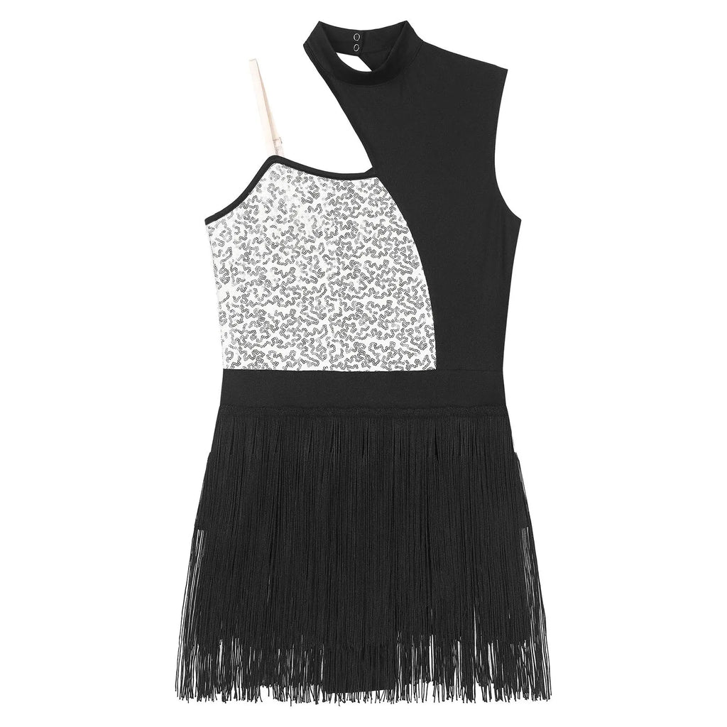 Sequin Tassel Latin Dance Dress | One-Shoulder | Fringe Skirt