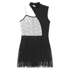 Sequin Tassel Latin Dance Dress | One-Shoulder | Fringe Skirt