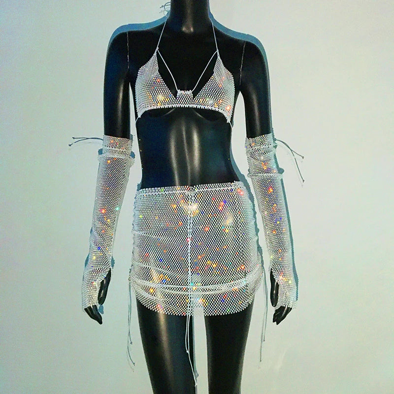 Rhinestone 3-Piece Festival Set - Sheer Crop Top, Mini Skirt & Sleeves