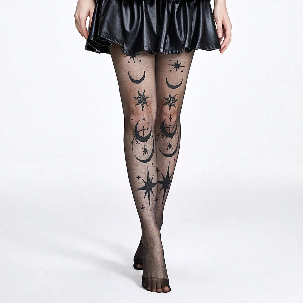 Star & Moon Print Tights | Sheer Patterned Pantyhose | Black & Nude