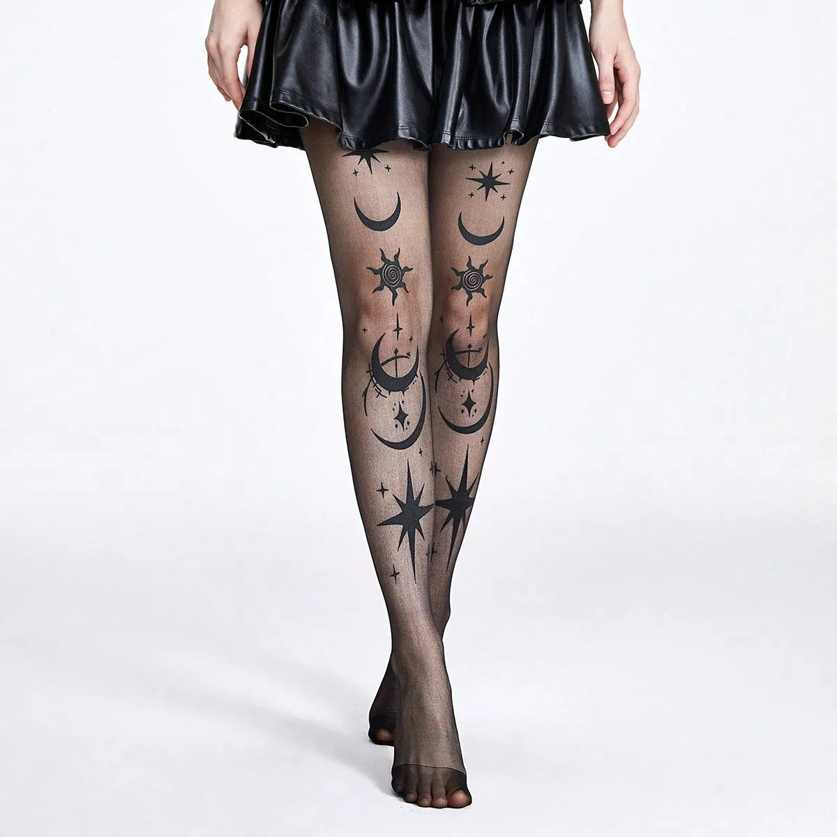Star & Moon Print Tights | Sheer Patterned Pantyhose | Black & Nude