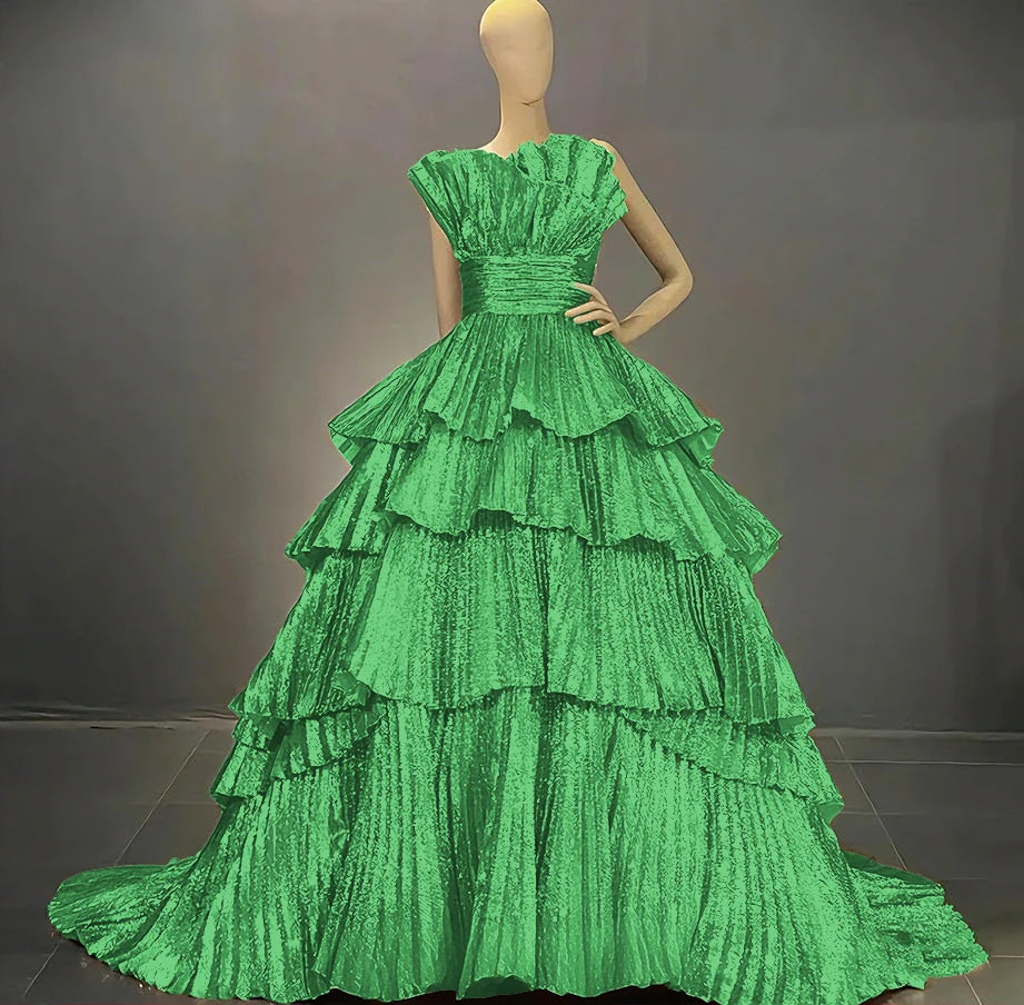 Tiered Ball Gown | Drag Pageant Dress | Boat Neck | US 2–26W