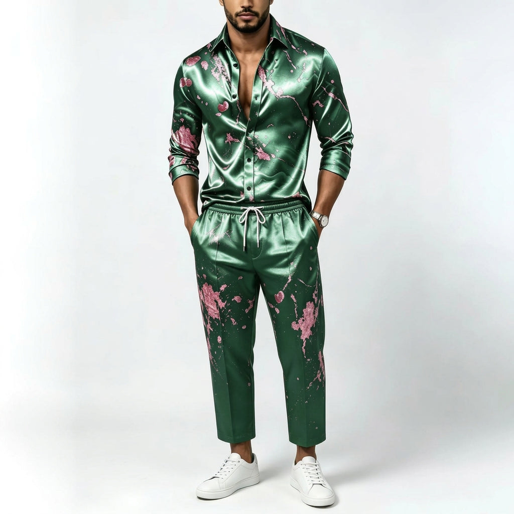 Men's Satin Shirt & Pants Set | Metallic Gold Print | Stage & Party