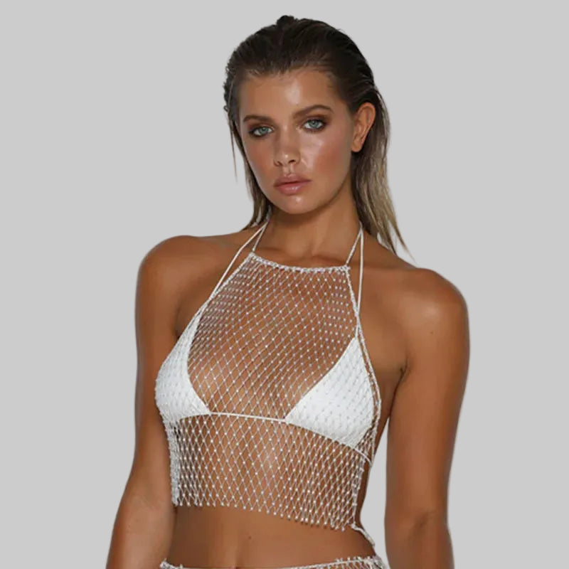 Rhinestone Fishnet Halter Crop Top - Backless Sheer