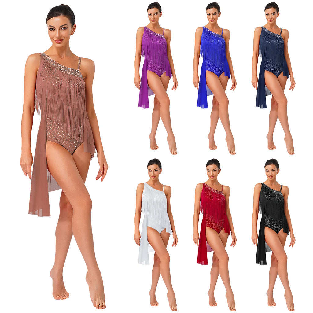 Latin Dance Leotard | Tassel & Rhinestone | Asymmetric