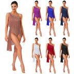 Latin Dance Leotard | Tassel & Rhinestone | Asymmetric