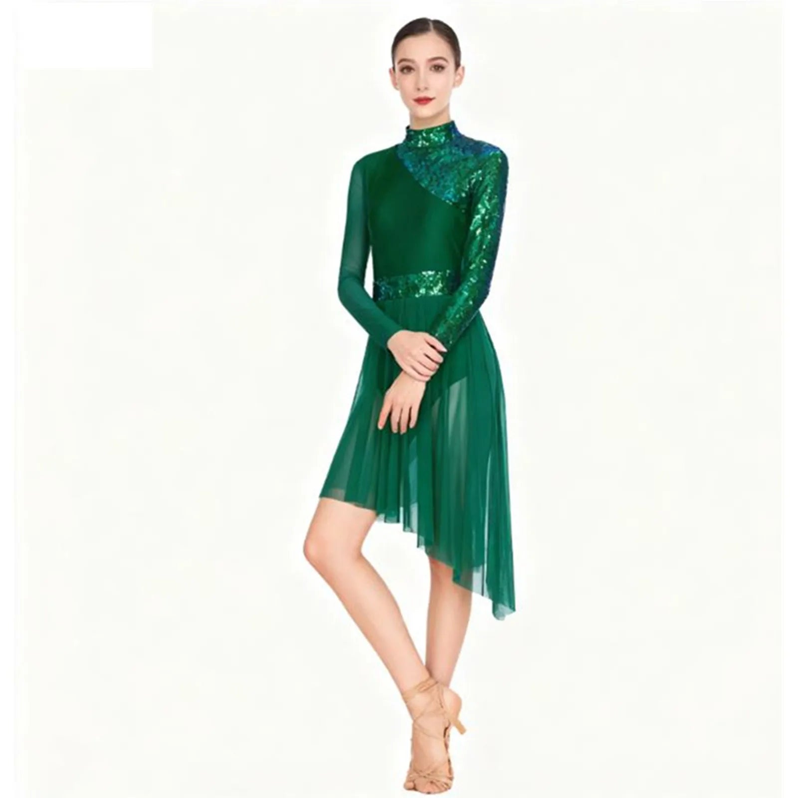 Women's Sequin Lyrical Dance Dress | Long Sleeve | Mesh Skirt