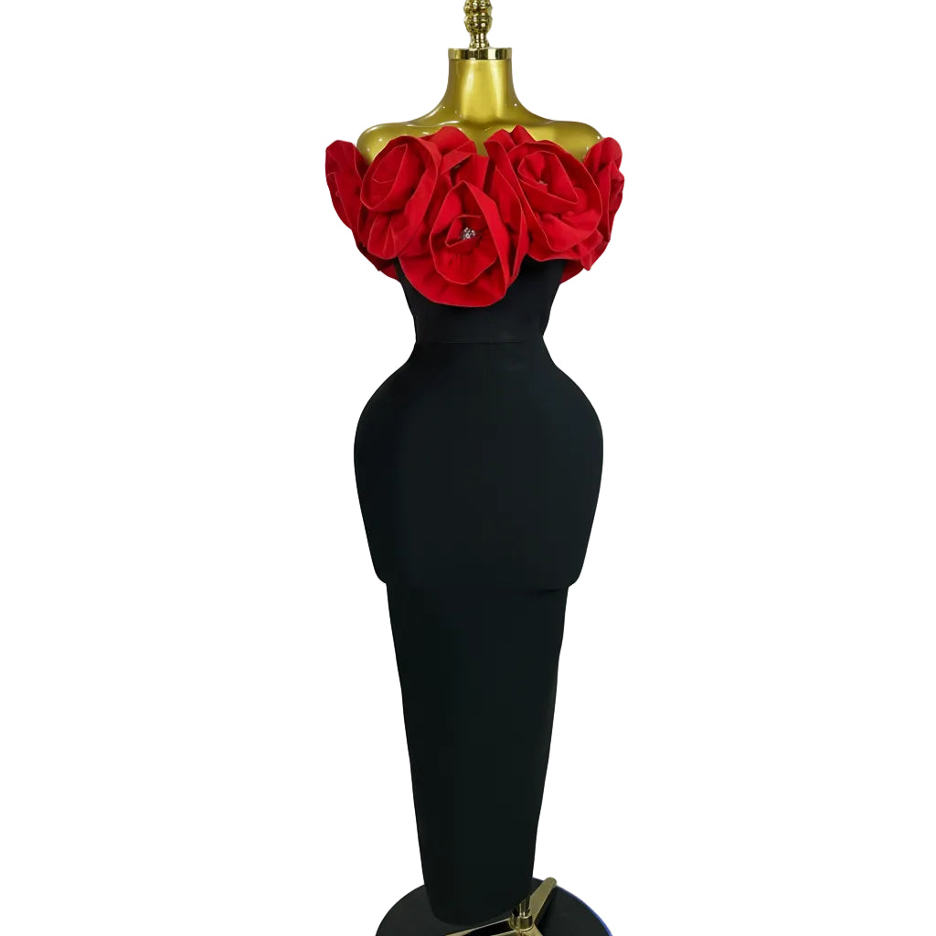 3D Rose Flower Off-Shoulder Bodycon Maxi Dress | Stage & Performance