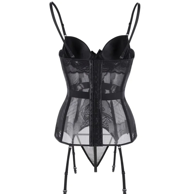 Satin & Mesh Overbust Corset | Underwire | Garter Straps | Burlesque