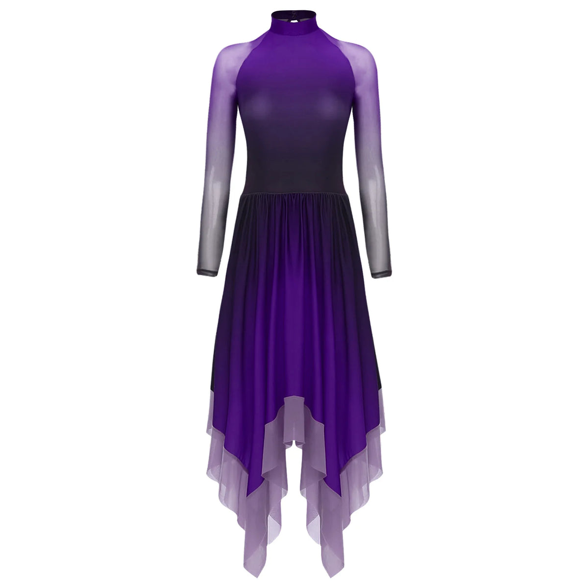 Gradient Lyrical Dance Dress | Mesh Long Sleeve | Keyhole Back | Irregular Hem