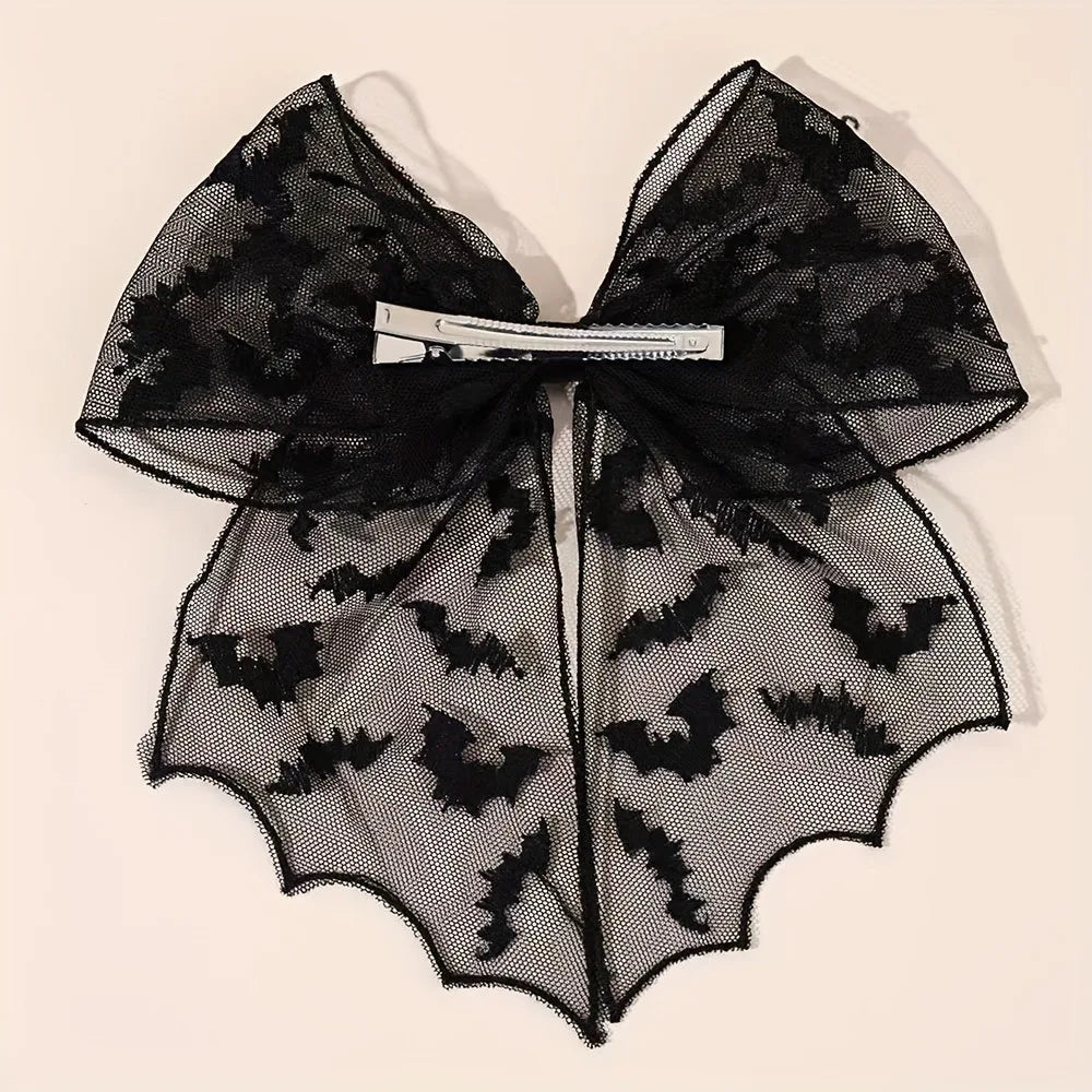 Gothic Hair Bow | Black Mesh Tails