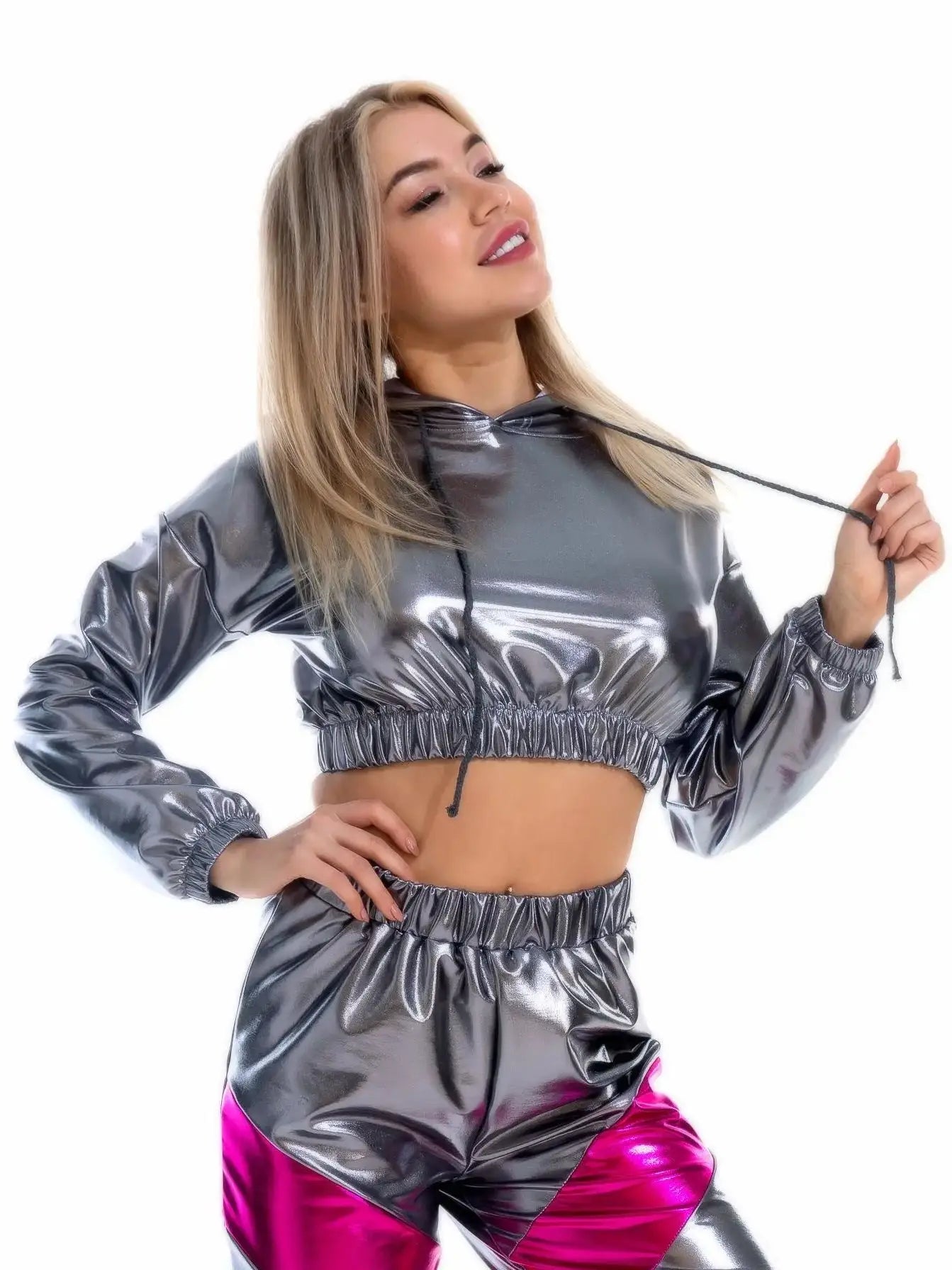 Holographic Crop Hoodie | Metallic Shiny | Drawstring