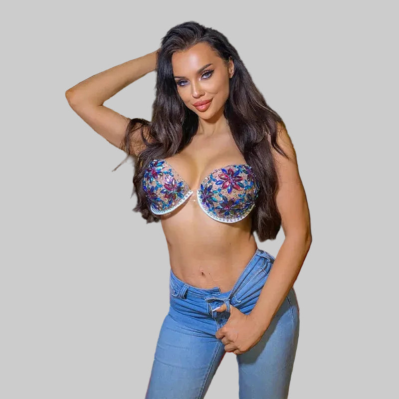 Full Rhinestone Off-Shoulder Crop Top - Backless Spaghetti Strap Tank