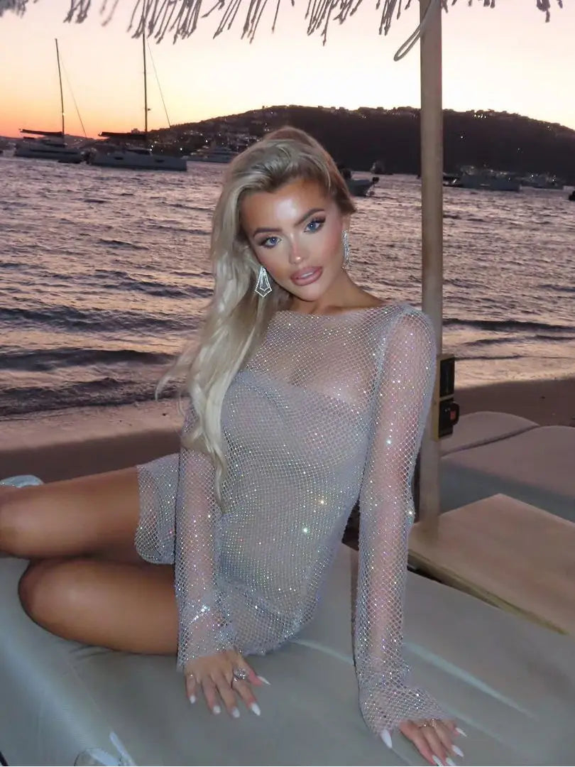 Diamond Mesh Mini Dress - Sheer Long Sleeve Performance Dress