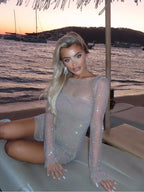 Diamond Mesh Mini Dress - Sheer Long Sleeve Performance Dress
