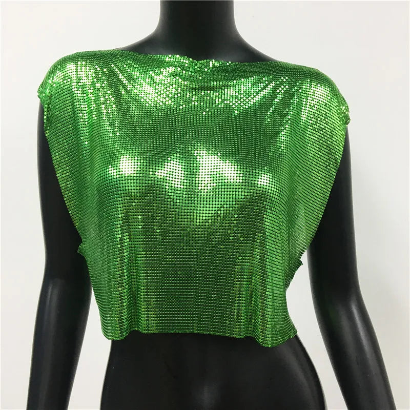 Metallic Sequin Patchwork Crop Top - Hollow-Out O-Neck