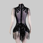 Sexy Mesh Sheer Black Rhinestone Bodysuit