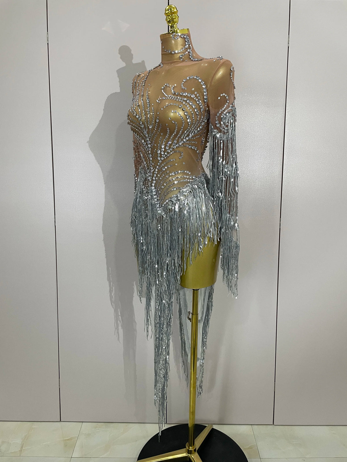 Rhinestone Mesh Tassel Dress | Sleeveless | Singer Stage
