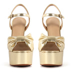 Gold Platform Sandal | Peep Toe Bow Knot | Chunky High Heel