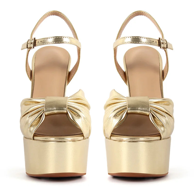 Gold Platform Sandal | Peep Toe Bow Knot | Chunky High Heel