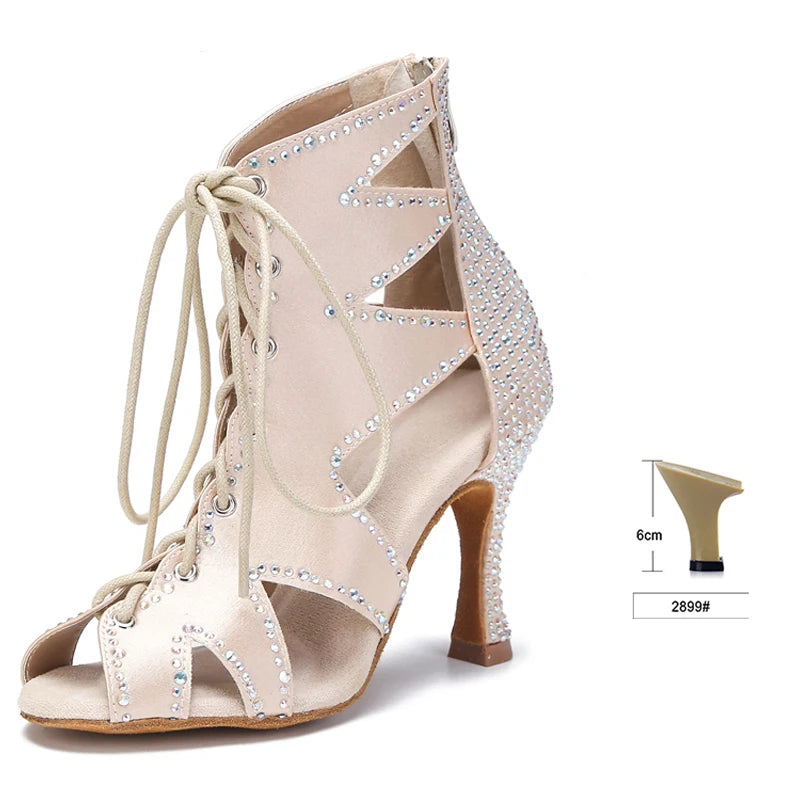 Rhinestone Lace-Up Latin Dance Booties | Black, Red, White & Nude | 6–9cm Heel