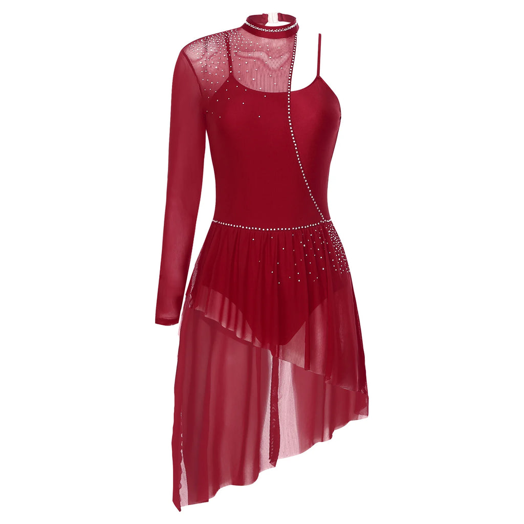 Rhinestone Lyrical Dance Dress | One Shoulder | Mesh Overlay
