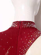 Rhinestone Sheer Mesh Long Sleeve Figure Skating Dress | Open Back | Color Block | Lyrical
