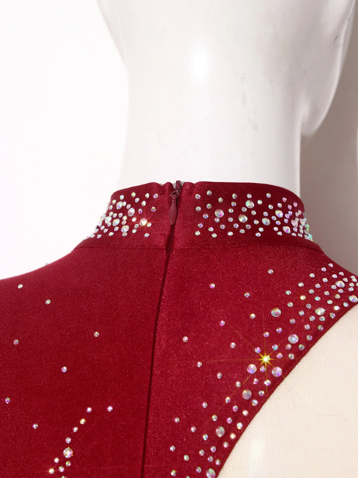 Rhinestone Sheer Mesh Long Sleeve Figure Skating Dress | Open Back | Color Block | Lyrical