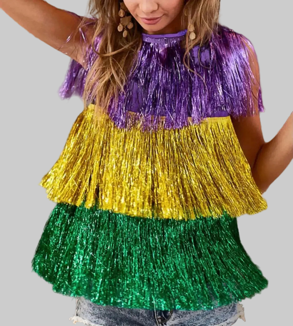 Dazzling Mardi Gras Sequin Fringe Poncho Top & Skirt Set - Stage & Festival Wear