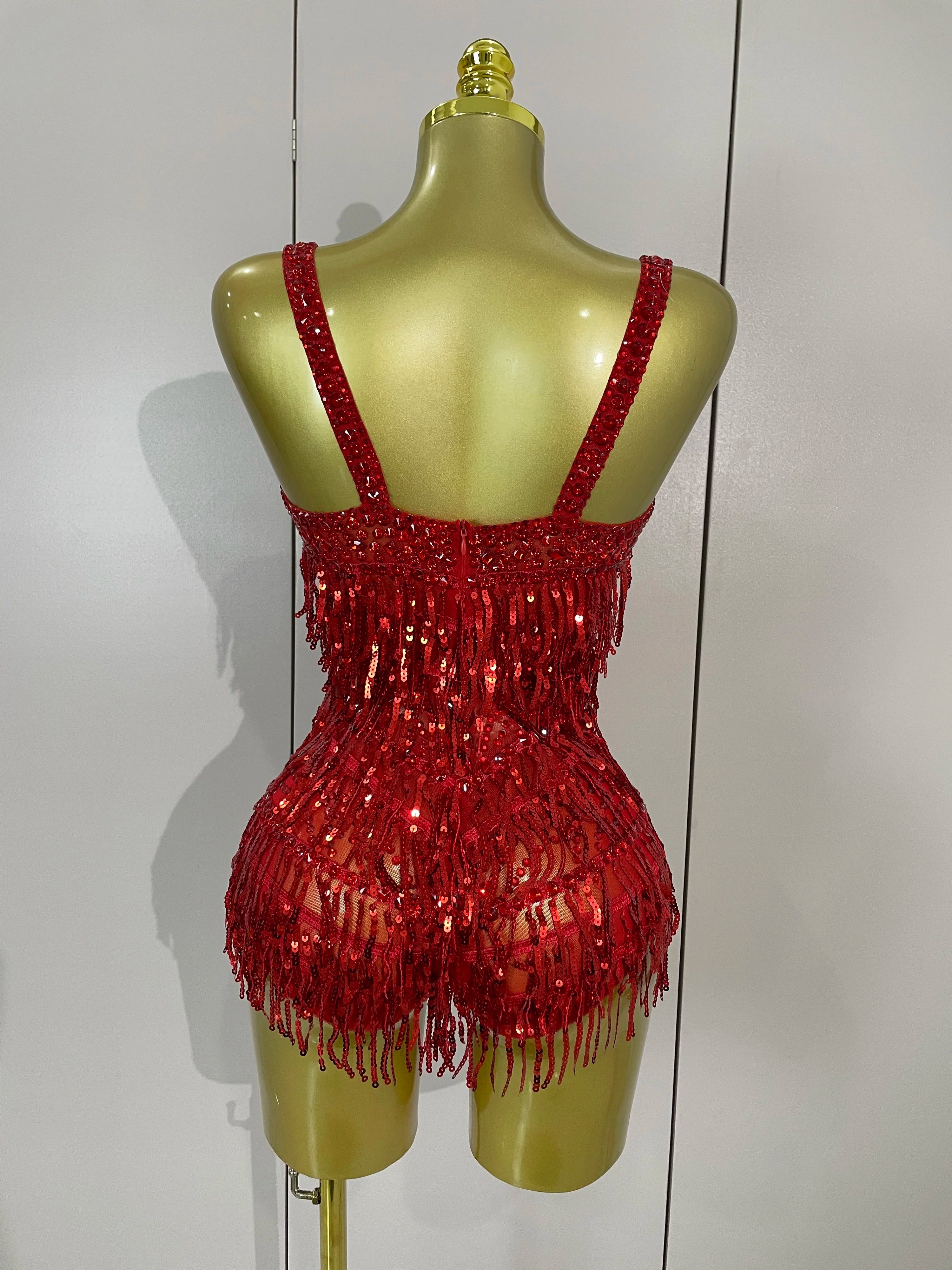 Rhinestone Sequin Tassel Bodysuit | Red & Silver | S–XL