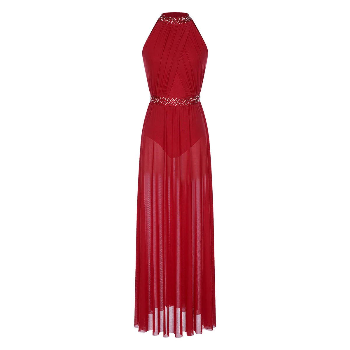 Women's Spaghetti Strap Lyrical Dance Dress | Built-In Leotard & Sheer Mesh Maxi Skirt | Front Slit