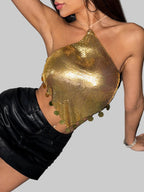 Metal Sequin Tassel Halter Crop Top - Backless Bandage Camisole