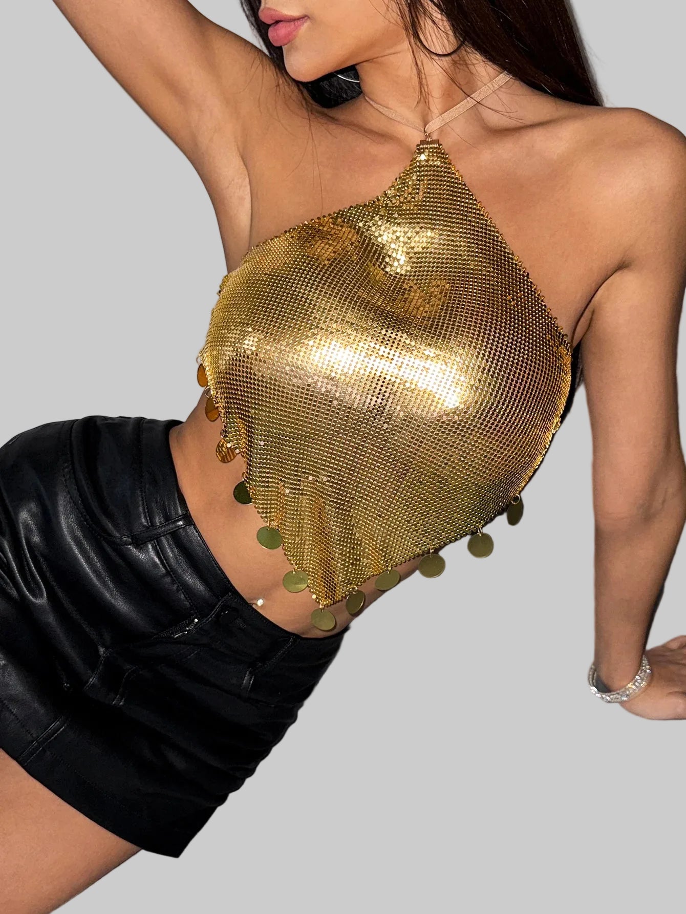 Metal Sequin Tassel Halter Crop Top - Backless Bandage Camisole